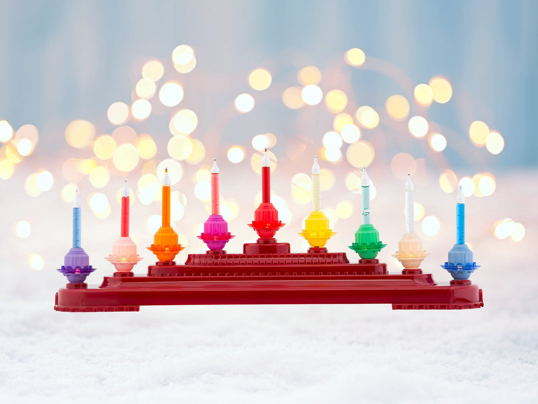 A rainbow colored candolier of rainbow bubble lights.