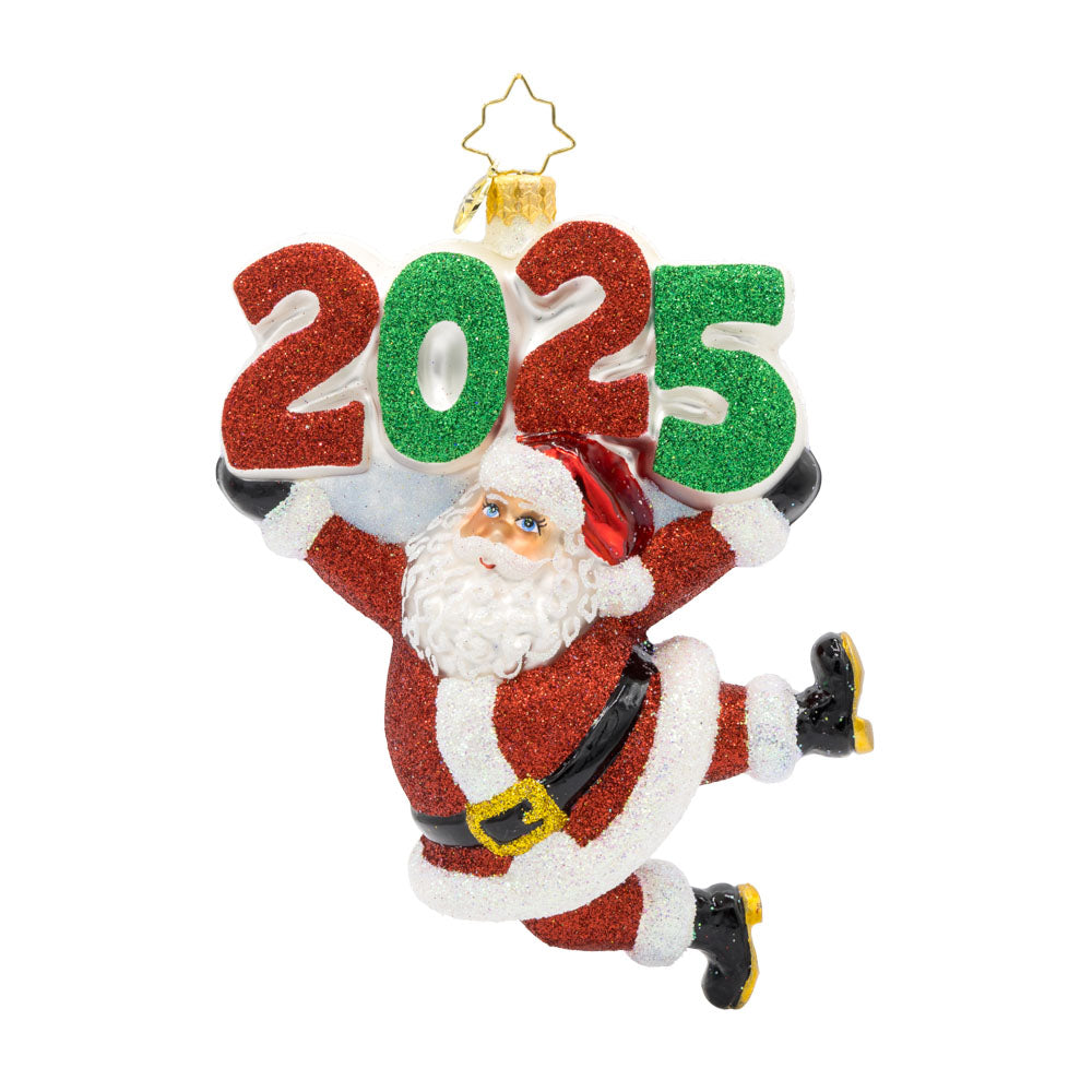 Santa's 2025 Countdown ornament. Santa is holding up the year 2025. View of front.