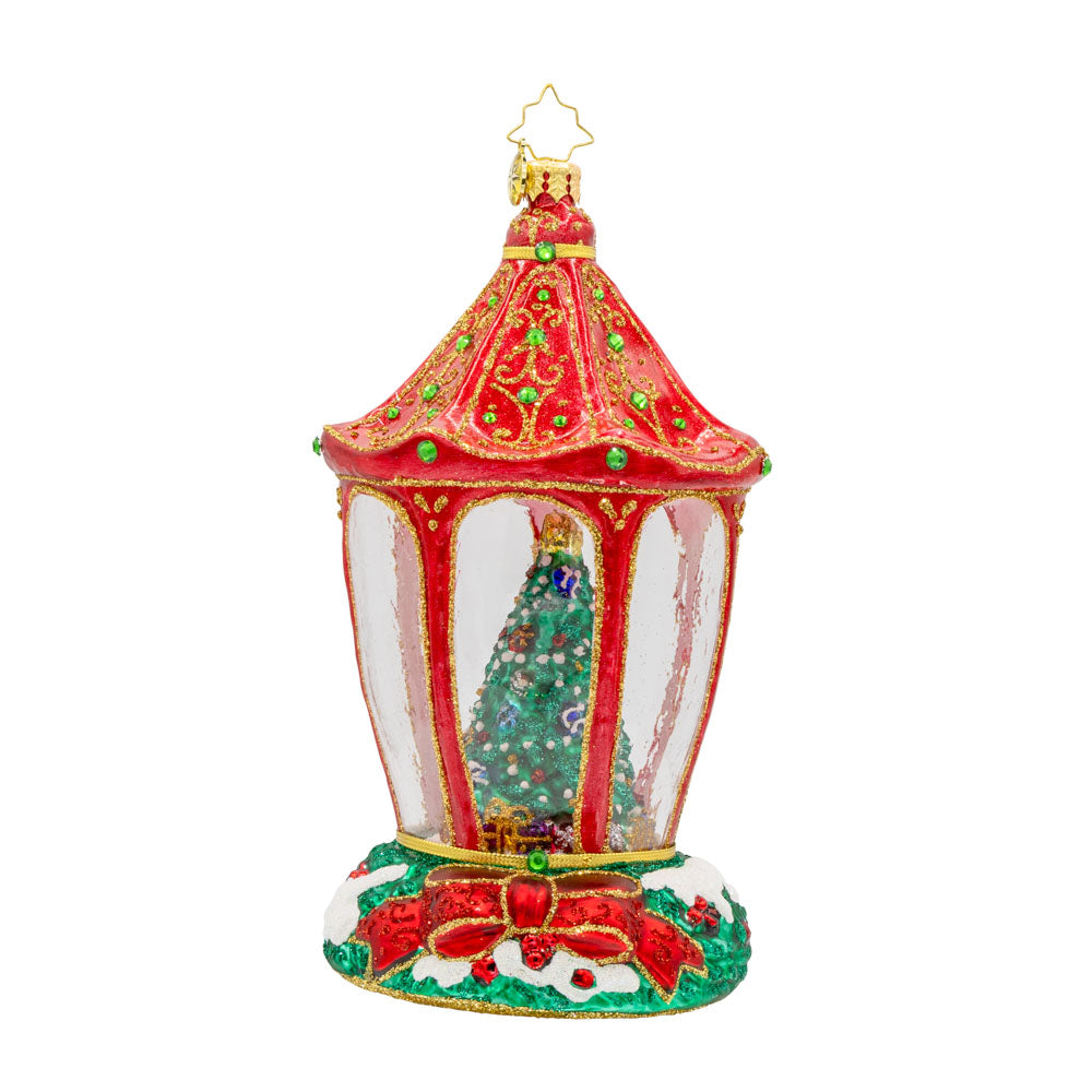 Sparkle 'n Spruce Lantern ornament. A magical winter wonderland awaits inside this charming Christmas lantern accompanied by a twinkling tree and cozy bear. View of front.