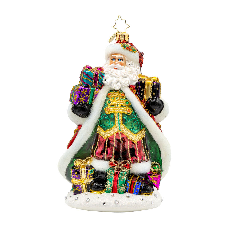 A Santa For All Seasons ornament. Santa in his intricately detailed satin coat surrounded by gifts galore. View of front.