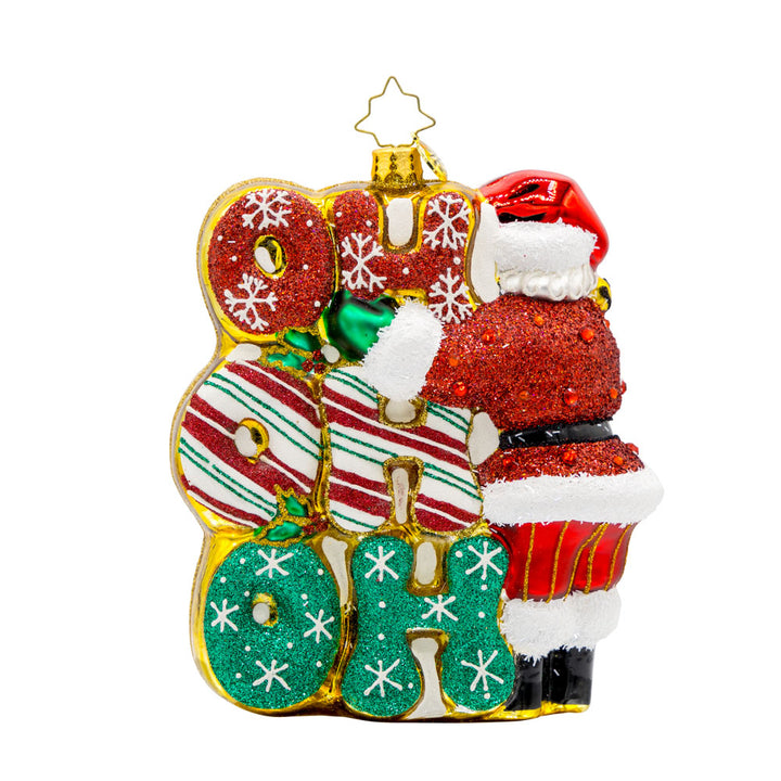 Merry Ho Ho Ho Santa ornament. Santa standing next a festively decorated "Ho Ho Ho." View of back.