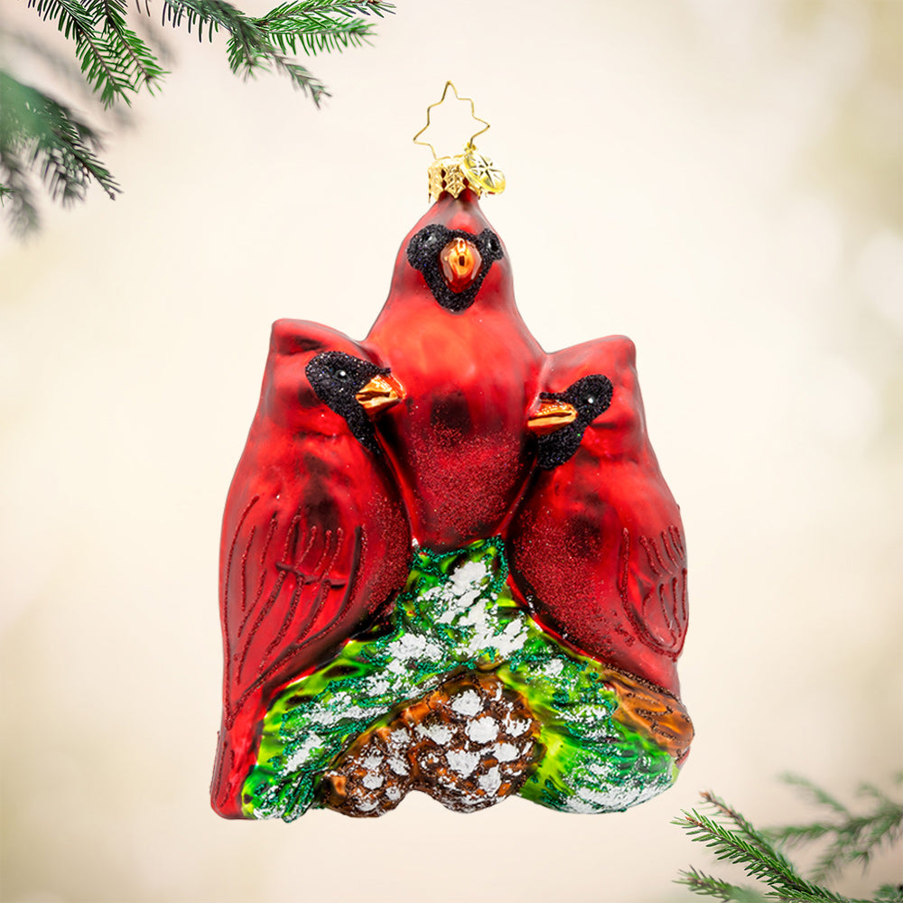 Cardinal Garden Greetings ornament. These cardinal birds are perched on a magnolia tree, with their shiny beaks and sparkling eyes. View of front.