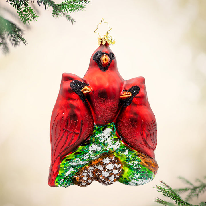 Cardinal Garden Greetings ornament. These cardinal birds are perched on a magnolia tree, with their shiny beaks and sparkling eyes. View of front.