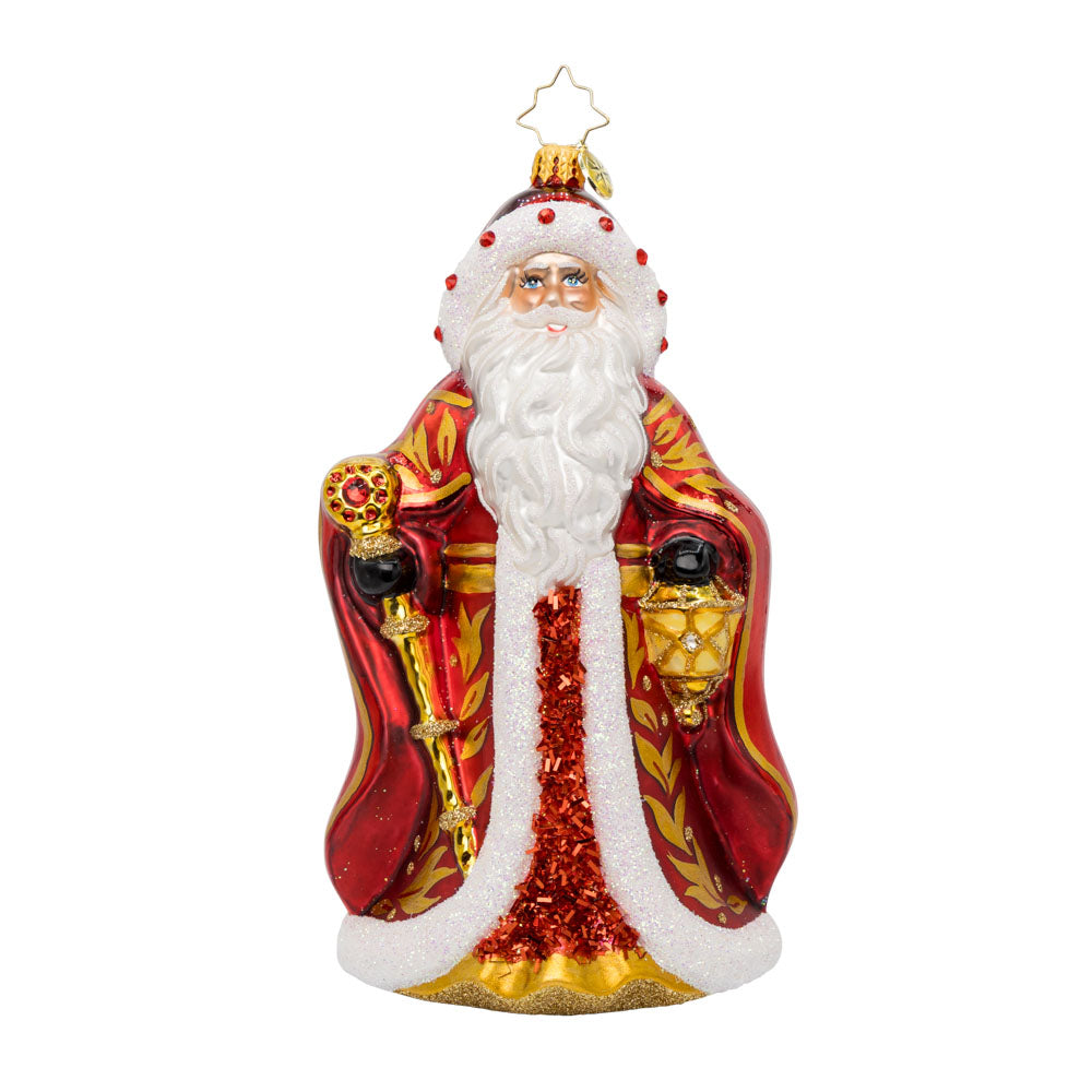 Crimson Noel Santa ornament. With his sparkling red cape, shiny scepter, and gold-detailed gown. View of front.