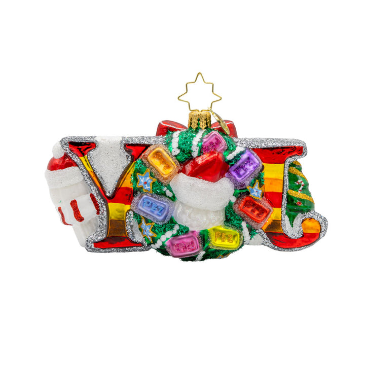 Joyful PEZ-mas Ornament. Featuring a festive wreath adorned with PEZ dispensers and a smiling Santa. View of back.