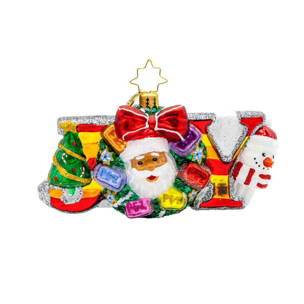 Joyful PEZ-mas Ornament. Featuring a festive wreath adorned with PEZ dispensers and a smiling Santa. View of front.