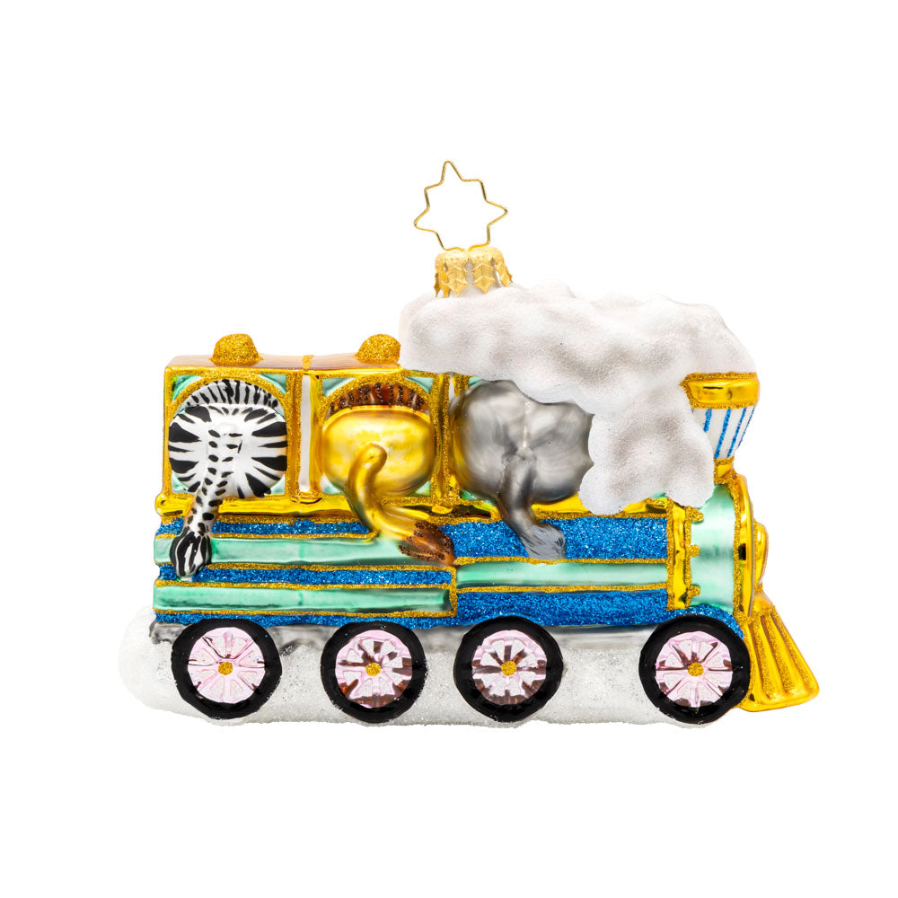 Tiny Travelers ornament. This train is filled with fun-loving animals. Dated with "2025." View of back.