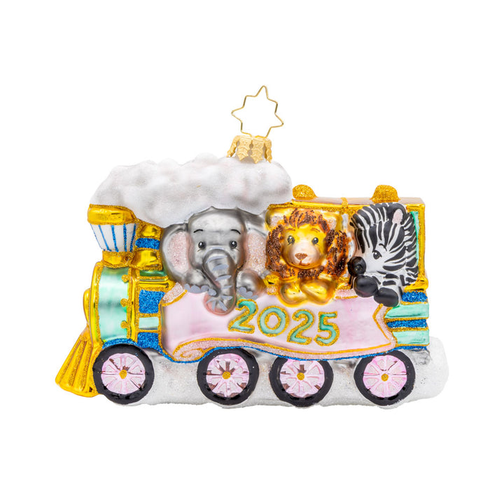 Tiny Travelers ornament. This train is filled with fun-loving animals. Dated with "2025." View of front.