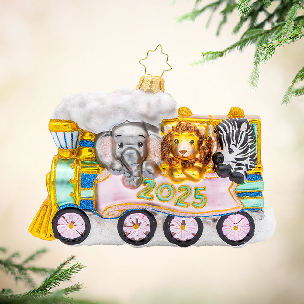 Tiny Travelers ornament. This train is filled with fun-loving animals. Dated with "2025." View of front.