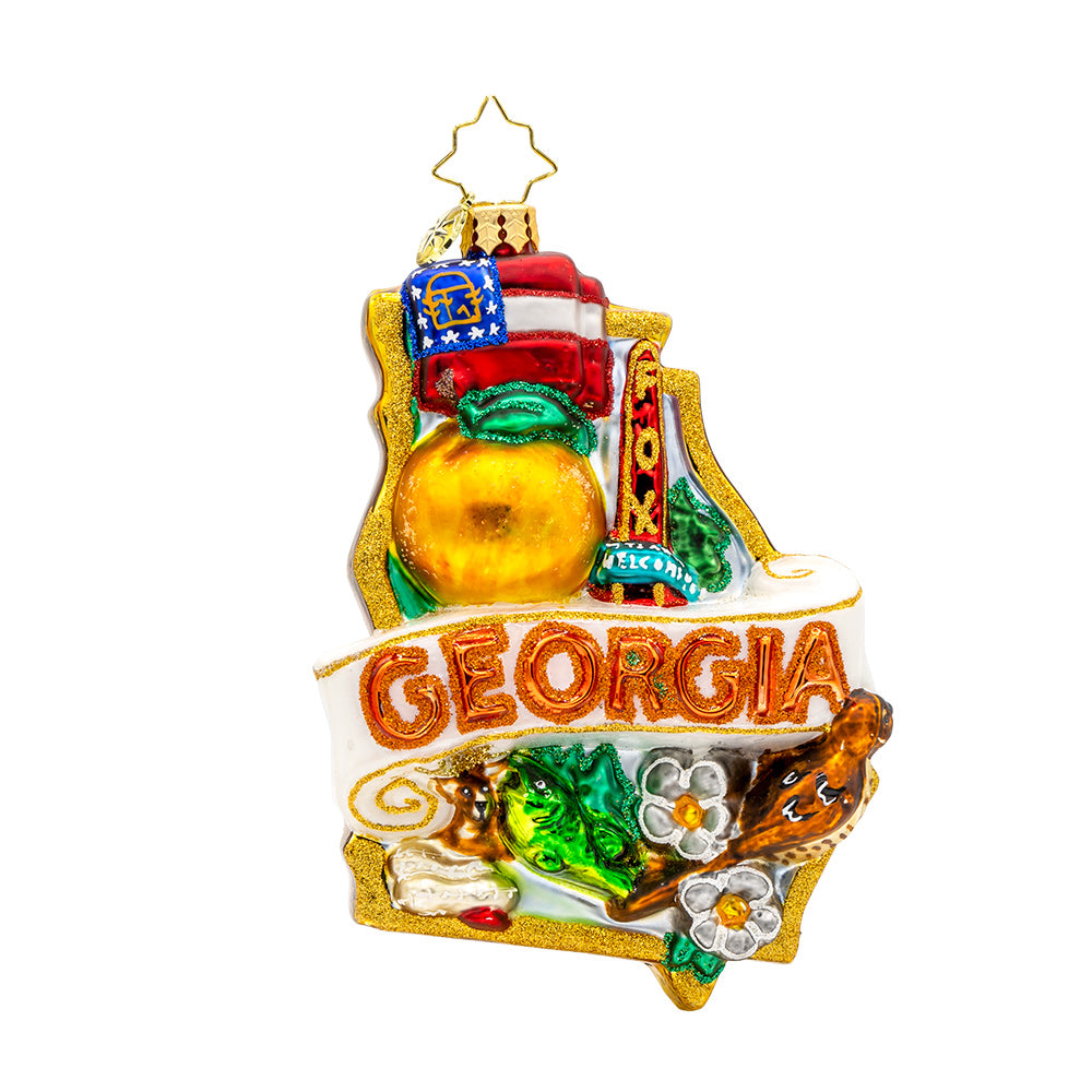 Ornament decorated with all of the wonderful things the great state of Georgia has to offer. View of front.