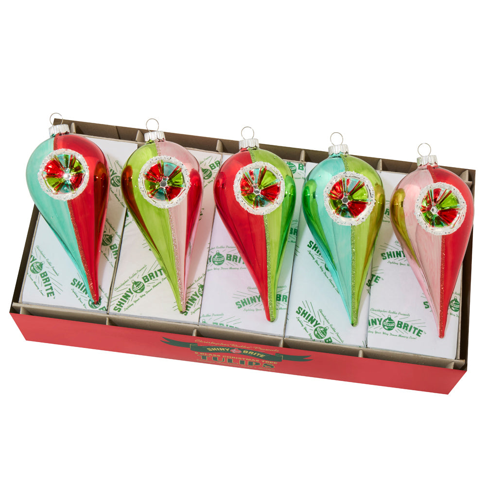 5 count Festive Fete Shiny Brite tulip set. Vibrant, tulip ornaments with a multi-colored reflector.