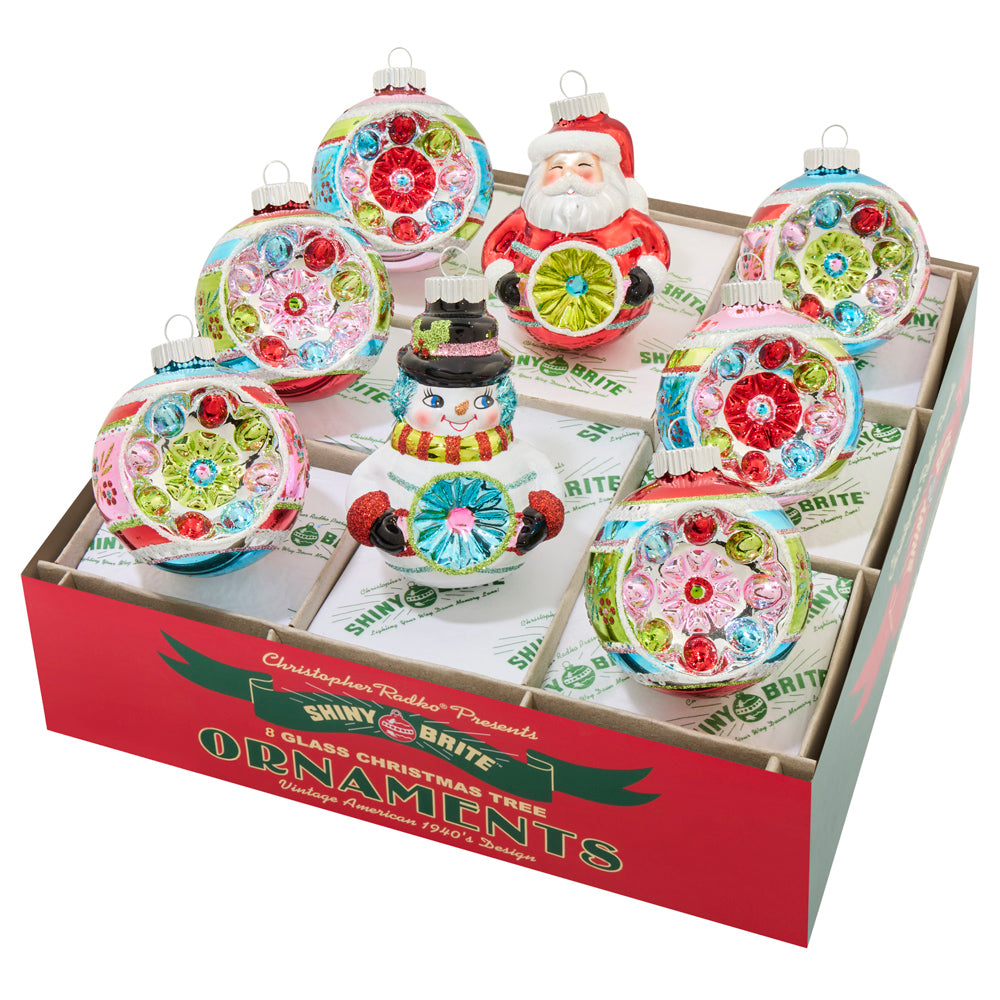 8 count Shiny Brite ornament set. Vibrant reflector ornaments, featuring both classic rounds.