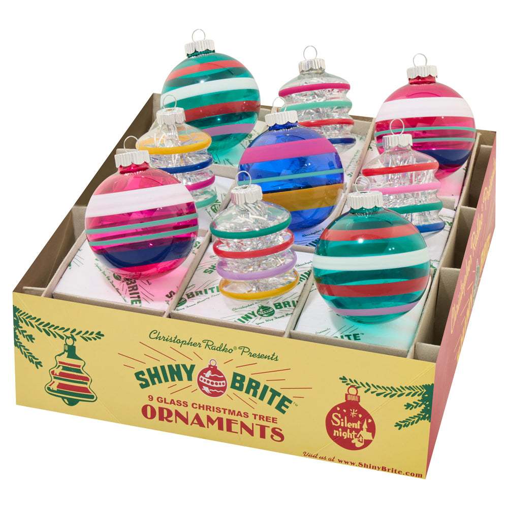9 count Shiny Brite ornament set. Vibrant stripes of color and shimmering tinsel.