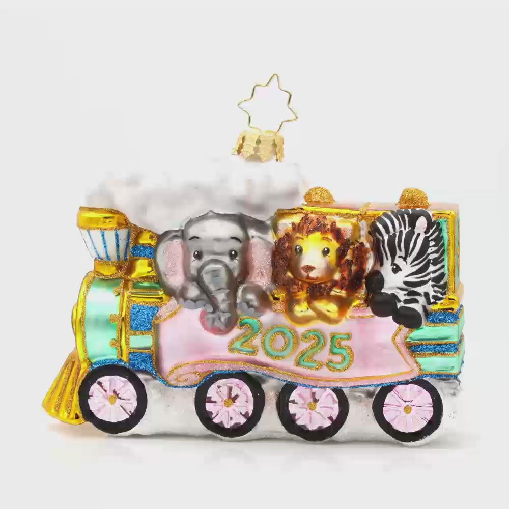 Tiny Travelers ornament. This train is filled with fun-loving animals. Dated with "2025." Video.