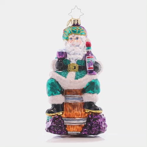 Video - Ornament Description - Time for Fine Wine Santa: Sip-sip-hooray! Sommelier santa sits atop a wine barrel and samples a delicious vintage vino to celebrate another wonderful holiday season. This video shows the ornament spinning slowly.
