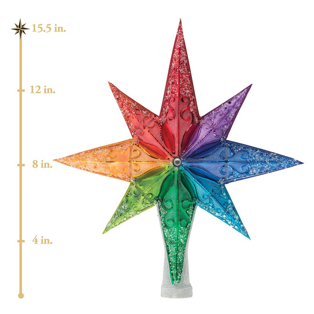 Finial Description - Rainbow Stellar Finial: Glistening with all the colors of the rainbow, this fabulous tree-topper will crown the best of Christmas trees! Impress your guests and add the finishing touch to your festive tree! This photo shows the finial stands about 15.5 inches tall. 