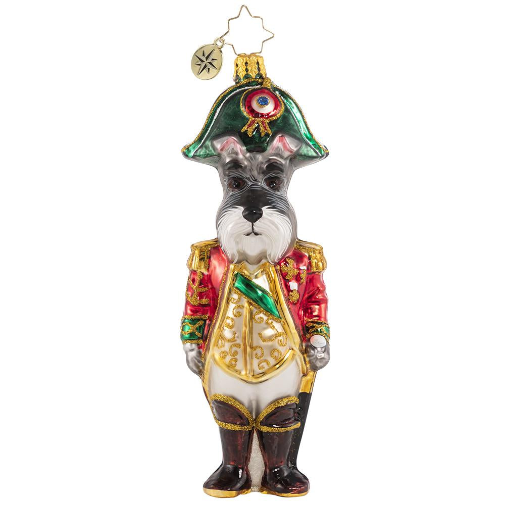 Front - Ornament Description - Lieutenant Schnauzer: This stately soldier has donned his uniform and awaits his holiday orders. He hopes he will be assigned to lead the procession in this year's Christmas parade!