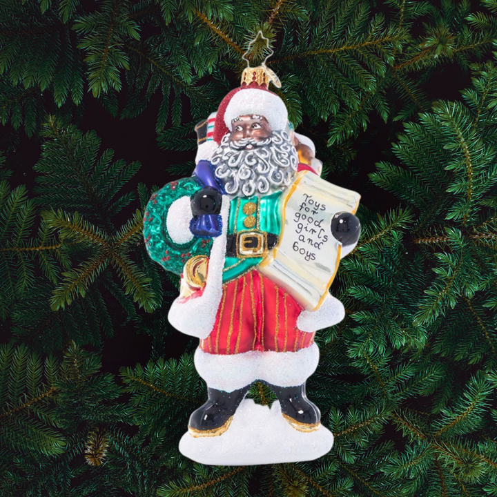 Ornament Description - Stocked Up for Christmas: Someone get the sleigh! He's made his list, checked it twice, and now Santa has packed his magic sack full of toys--he's officially ready to make some very special deliveries!