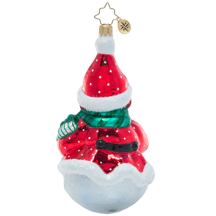 Back - Ornament Description - Holly Jolly Snowman: 'Tis the season to smile and this cheerful snow friend is very happy to see you! He's bundled up against the frosty air in some festive furs and a holly muff.