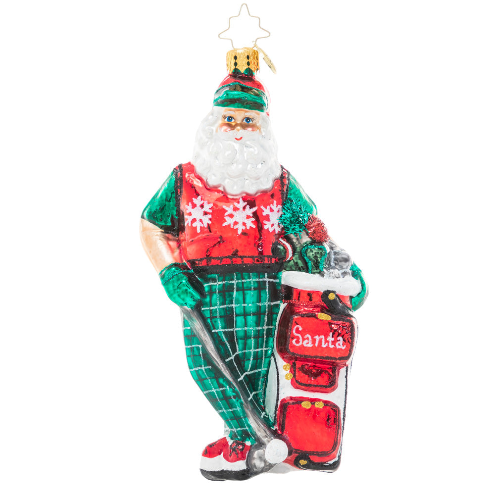 Front - Ornament Description - Jolly Golfer Santa: When he's not preparing for Christmas, Santa gets his swing on at the golf course. He's hoping for a ho-ho-hole in one!