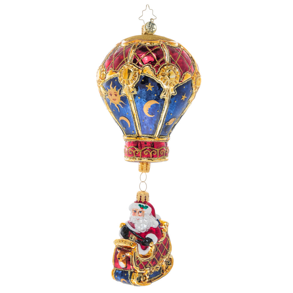 Ornament Description - Among the Stars: Up, up, and away! Santa and his golden sleigh float gracefully through the night sky with the help of a celestial hot air balloon.