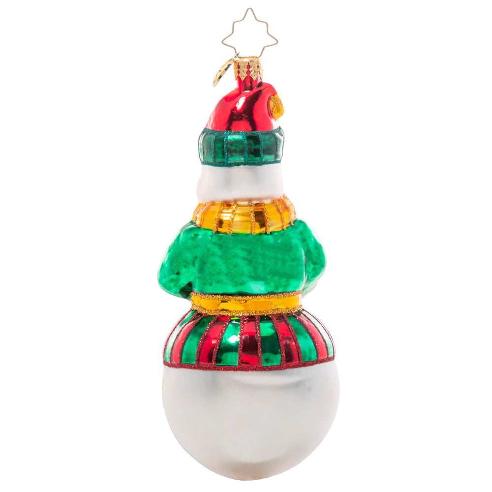 Back - Ornament Description - Guardian of the Forest: Many animals avoid the cold winters by hibernating or migrating to warmer weather. This snowman celebrates his friend the cardinal, who chooses to stay – and wears a festive red coat for the occasion!