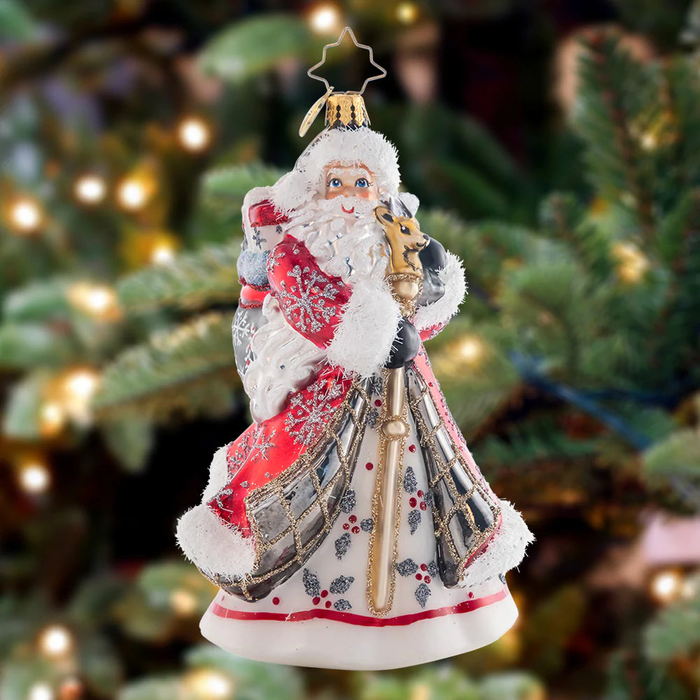 Ornament Description - Winter Splendor Santa: Santa's stunning red coat is accented with silver splendor, glittered with holly and sparkling snowflakes. This is a truly magnificent piece to display on your tree.