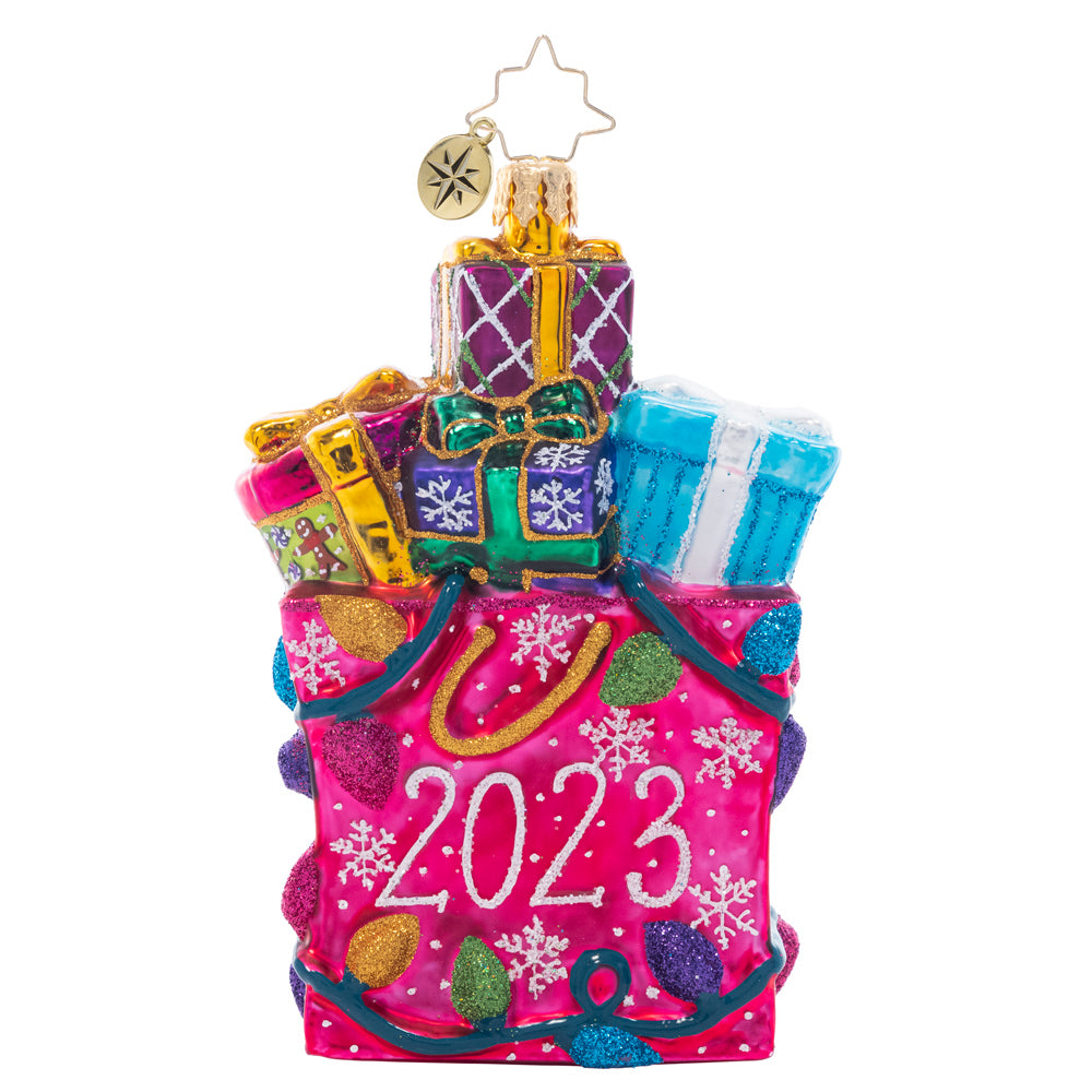 Back - Ornament Description - No Time Like The Present 2023: Commemorate an exciting year with a bountiful stack of brightly-hued gifts! This beautiful piece is sure to make a great keepsake.