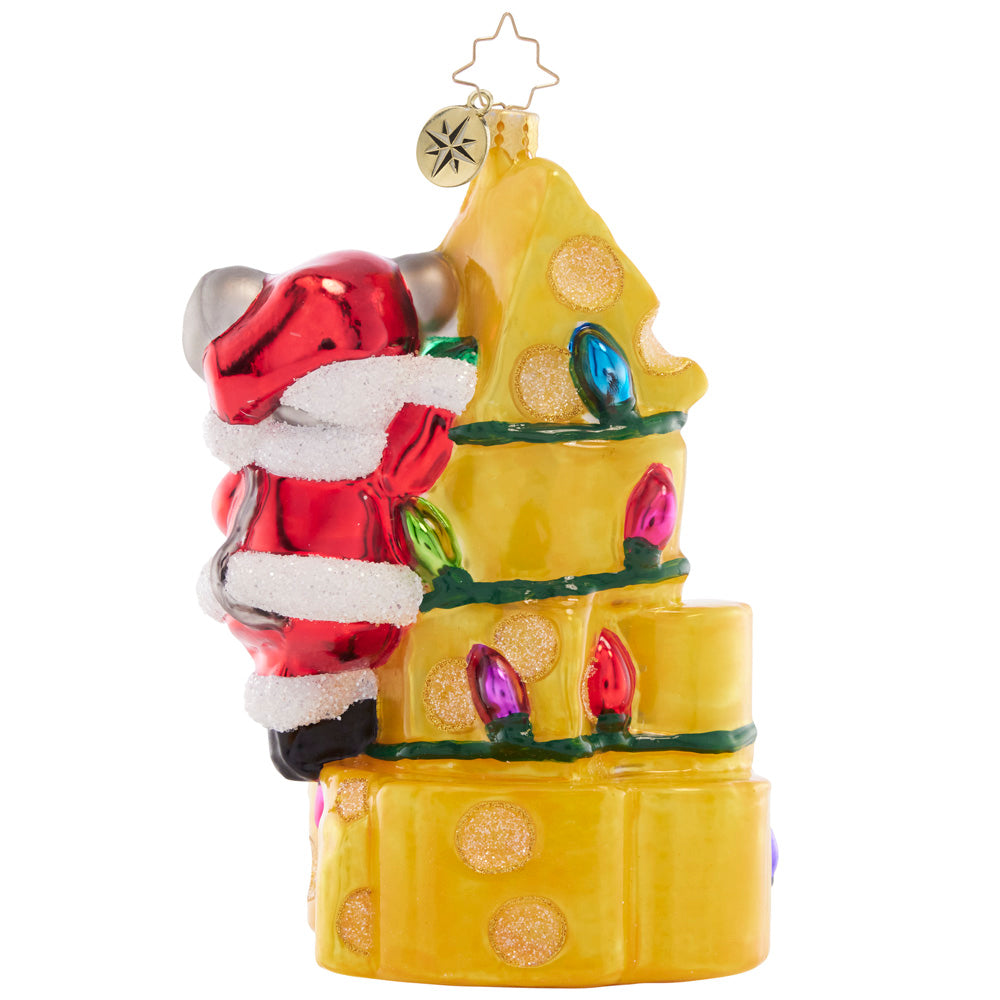 Back - Ornament Description - Merry Mouse Cheese Tree: This sweet little mouse got the best gift this holiday – a Christmas tree made entirely of delicious cheese!