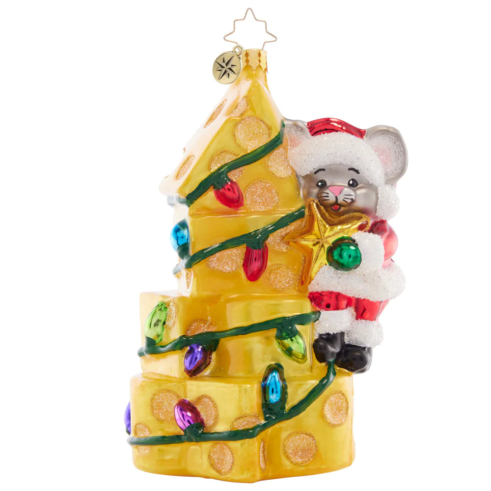 Front - Ornament Description - Merry Mouse Cheese Tree: This sweet little mouse got the best gift this holiday – a Christmas tree made entirely of delicious cheese!
