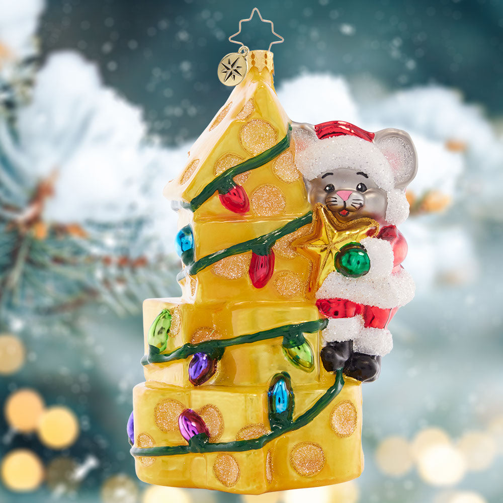 Ornament Description - Merry Mouse Cheese Tree: This sweet little mouse got the best gift this holiday – a Christmas tree made entirely of delicious cheese!