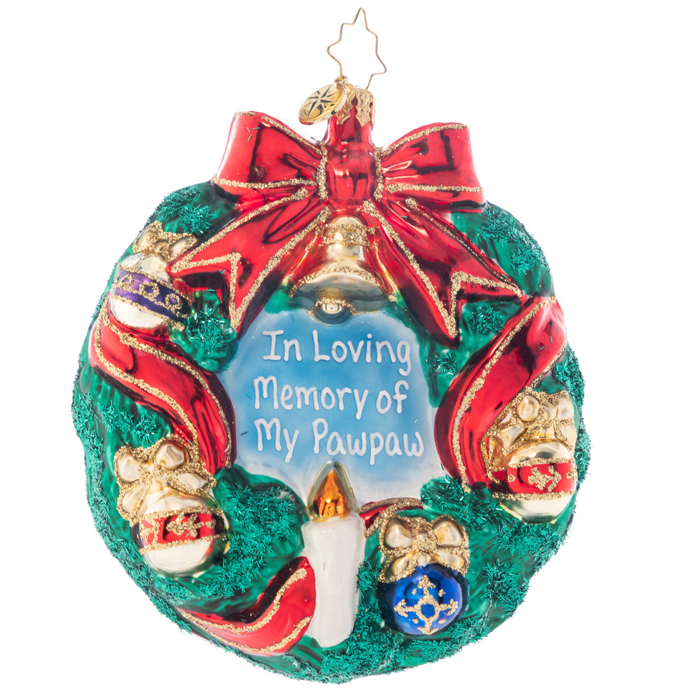 Ornament Description - Merry Christmas: A candle, a bell, a bright red ribbon and several bow-bedecked ornaments - nothing says "Merry Christmas" like this festive, personalized wreath! You'll love the detailed texture of the greenery. Note: Please allow approximately one month (on top of shipping time) for our elves to personalize your ornament.
