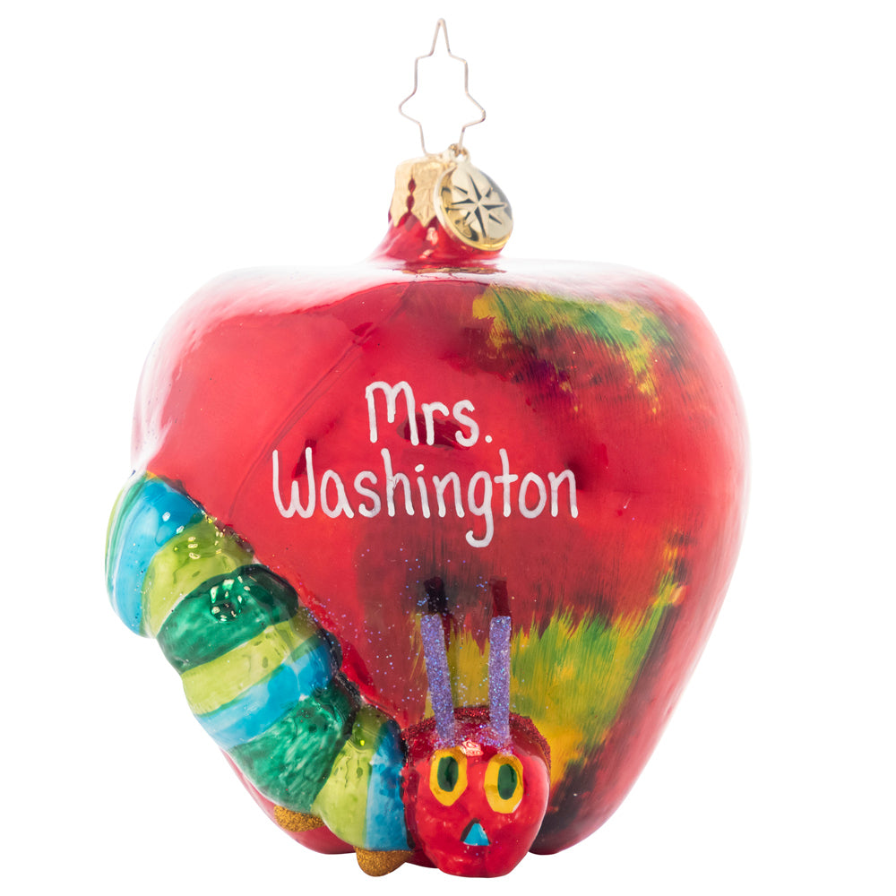 Ornament Description - A Very Hungry Caterpillar Personalized: It all started with one apple. The Very Hungry Caterpillar has inspired generations to discover and explore the world around them. Let this unique piece inspired by Eric Carle's art spark your imagination and color your life!