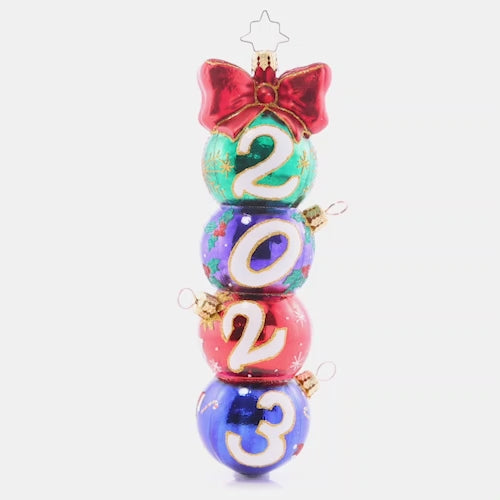 Video - Ornament Description - Have a Ball 2023: These stacked ornament rounds are decorated with glee, spelling out the year, "2023"! Adorn your tree with this vibrant vintage-inspired piece, and celebrate another wonderful holiday season. This video shows the ornament slowly spinning. 