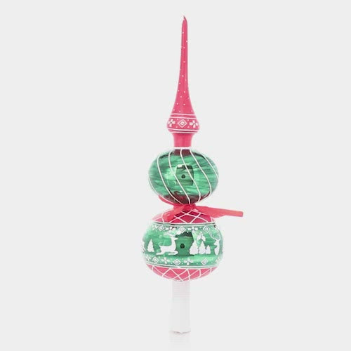 Video - Finial Description - A Rustic Christmas Finial: This ornate spire finial will be the perfect finishing touch on your tree this year. With forest green, deep reds and white Nordic-inspired Christmas imagery, it's a traditional yet unexpected piece for the top of any tree!