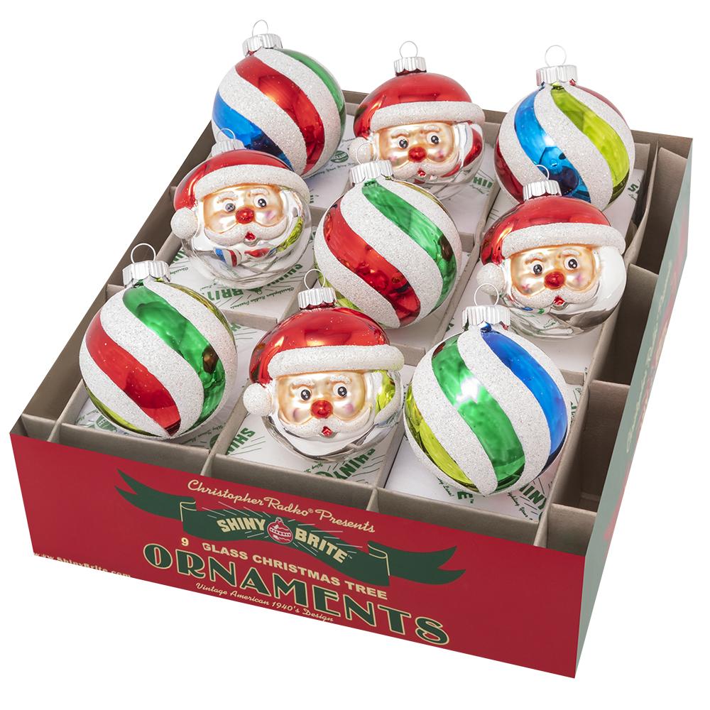 Ornament Set Description - Holiday Splendor 9 Count 2.5" Decorated Rounds & Figures: Featuring jolly Santas and bright retro-inspired stripes, this assortment of nine Christmas rounds adds a dose of nostalgic cheer to your ornament collection.