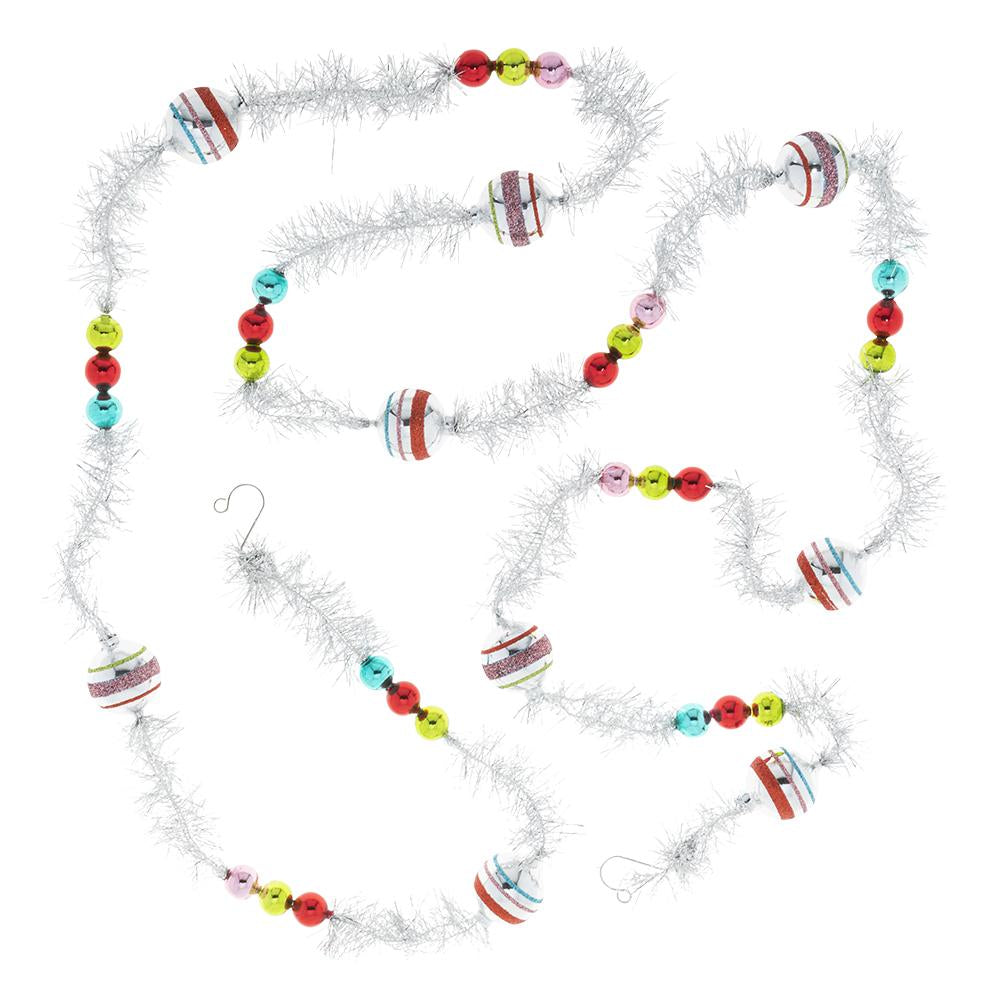 Garland/Trim Description - Festive Fete 1 Count 7' Tinsel Garland: The sparkle of silvery tinsel is accented by traditional glass rounds in bright vintage-inspired colors. Unbox this statement maker and you'll be ready to deck the halls!