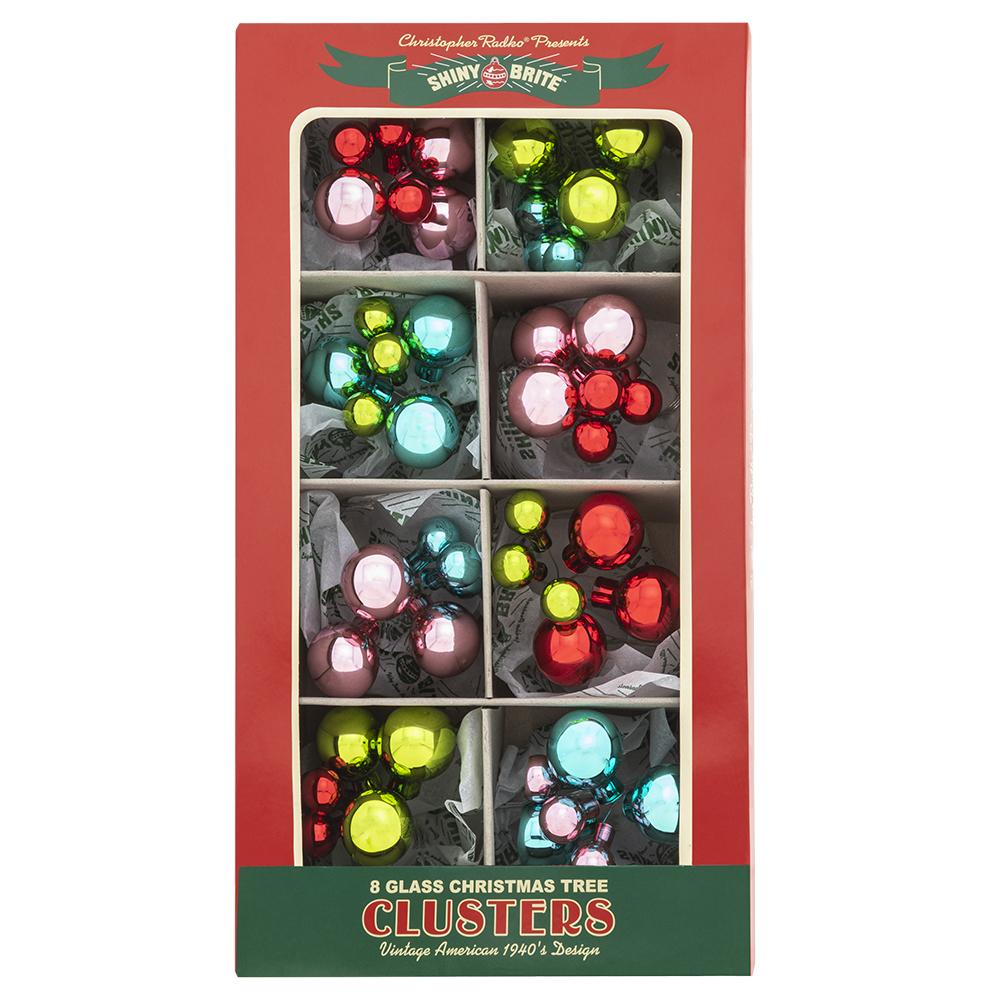Ornament Set Description - Festive Fete 8 Count 6Pc 1" & .5" Clusters: Tiny glass rounds form dazzling clusters in this 8-count set of ornaments crafted in bright vintage-inspired shades of cheery red, blush pink, mint green and icy blue.