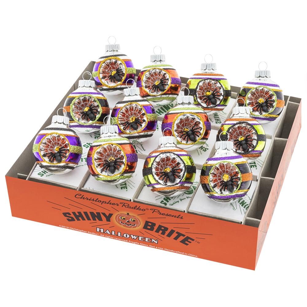 Ornament Set Description - Halloween 12 Count 1.75" Decorated Rounds With Reflectors: A dozen tiny spiders adorn this twelve-count set of vintage-inspired glass rounds in classic Halloween colors. Add some spooky spice to your Halloween décor and make them look twice!