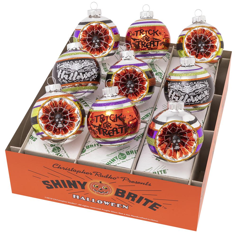 Ornament Set Description - Halloween 9 Count 2.5" Decorated Rounds With Reflectors: Bearing Halloween greetings and classic spooky motifs in vintage color combinations, this set of nine glass rounds is sure to make a statement on your trick-or-treat tree!