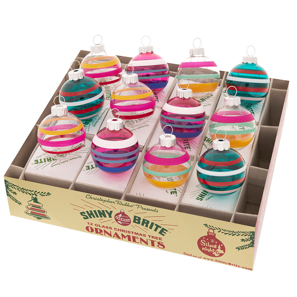 Ornament Description - Vivid Vintage 12 Count 1.75" Decorated Rounds: Evoke memories of classic Christmas style with these retro glass rounds- featuring a uniquely vivid color scheme!