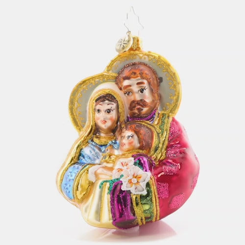 Video - Ornament Description - The Love of a Family: Rejoice! Mary and Joseph cradle baby Christ, reveling in his light and the love of a family. This video shows the ornament spinning slowly.