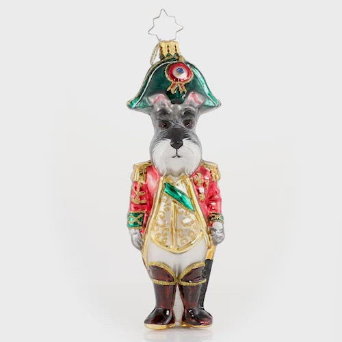 Video - Ornament Description - Lieutenant Schnauzer: This stately soldier has donned his uniform and awaits his holiday orders. He hopes he will be assigned to lead the procession in this year's Christmas parade! This video shows the ornament slowly spinning.