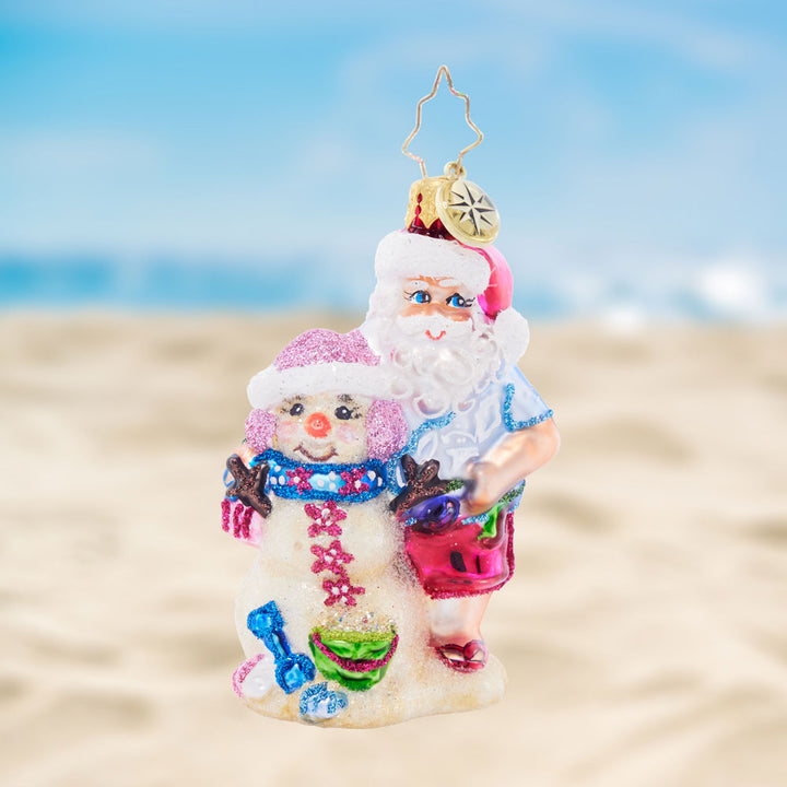 Front image - Sandy Snow Team Gem - (Beach themed Santa and Snowman ornament)