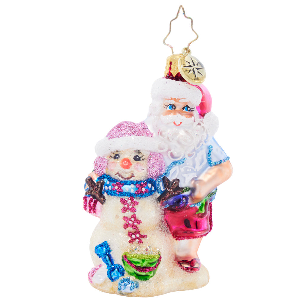 Front image - Sandy Snow Team Gem - (Beach themed Santa and Snowman ornament)