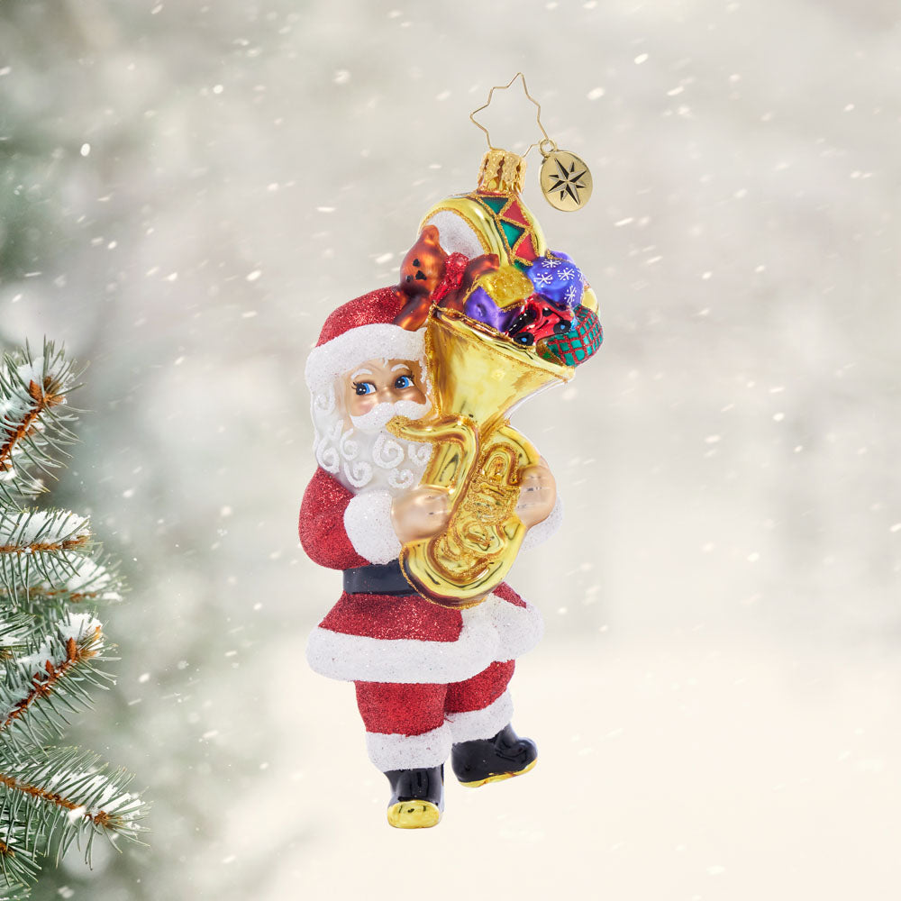 Front image - Tuba-Totin' Santa - (Santa playing tuba ornament)