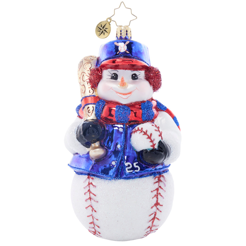 Front image - Snowy slugger - (Baseball snowman ornament)