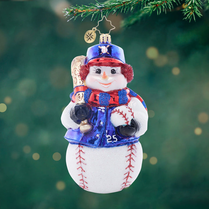 Front image - Snowy slugger - (Baseball snowman ornament)