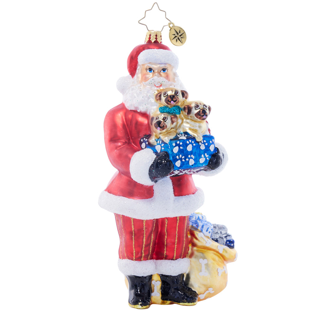 Front image - Santa's Pug-palooza - (Santa with pugs ornament)