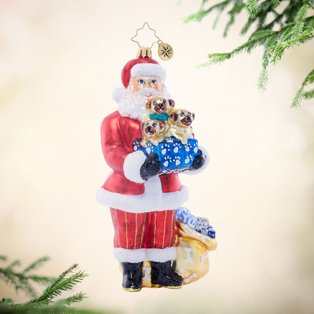 Front image - Santa's Pug-palooza - (Santa with pugs ornament)